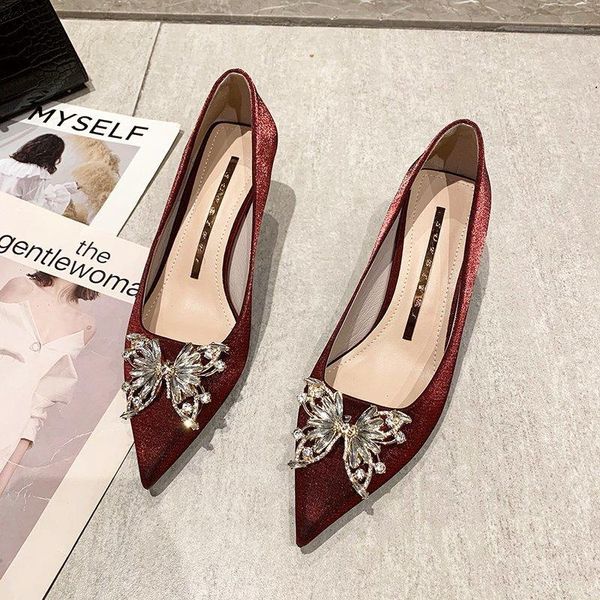 

dress shoes designer wedding crystal butterfly pumps pointed toe satin high heels office lady thin small woman, Black
