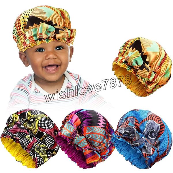 Bambino africano Headtie Kids Satin Bonnet Sleep Cap Cappelli Hijab regolabili Cappelli da notte per capelli setosi con lacci per capelli naturali