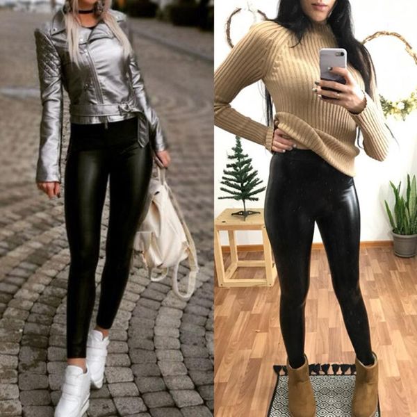 

women's pants & capris winter warm plus velvet leather high waist trousers ladies pu skinny stretch pencil autumn female pantalons, Black;white