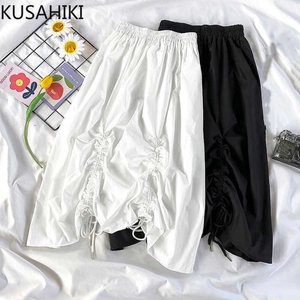 

kusahiki spring stretch high waist women skirt korean drawstring pleated a-line skirts causal solid mujer faldas 6f440 210602, Black