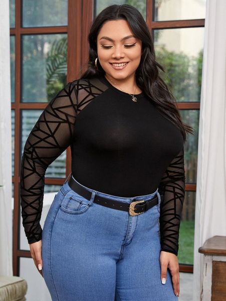 

plus geo mesh sleeve fitted bodysuit d1n0#, Black