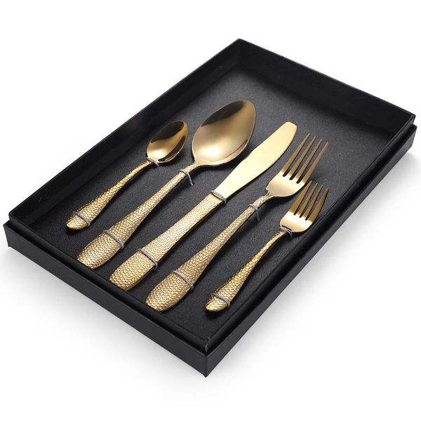 

gift box stainless steel dinnerware set black gold cutlery spoon fork knife western cutleri silverware tableware supplies sets