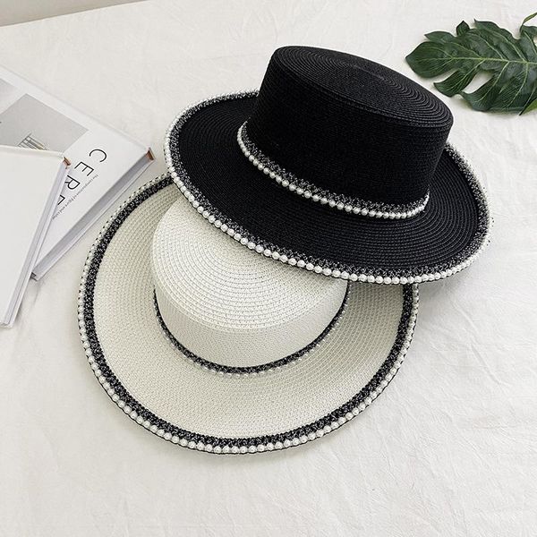 

wide brim hats summer women hat beach straw panama ladies cap fashionable handmade casual flat peal sun for 2021, Blue;gray