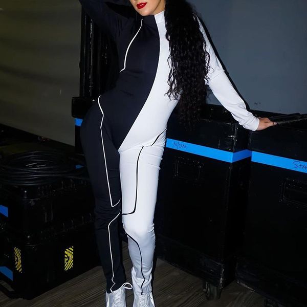 

women's jumpsuits & rompers high fashion fall personality full sleeve round neck stripe white jumpsuit women waist zipper bodycon rompe, Black;white