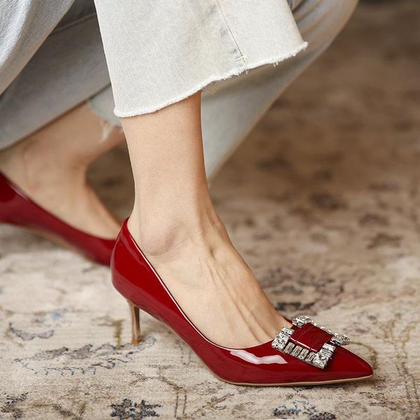

women pumps patent leather square buckle 2021 fashion stiletto pointed toe 7cm increase high heels red black female office shoes dress