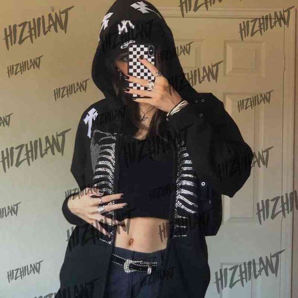 

2022 new rhinestone skeleton cross print oversized hoodies female zip up long sleeve women's sweatshirt y2k autumn winter grunge clothi, Black