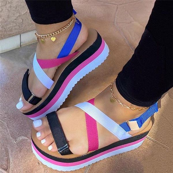

flat strap summer sandals woman shoes mixed colors platform dropship women sandalia feminina, Black