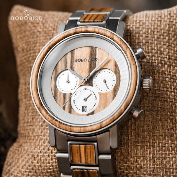 

wristwatches bobo bird wooden men watch stainless steel wood watches male chronograph sport waterproof military relogio masculino, Slivery;brown