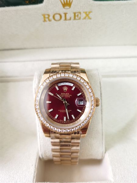 

original box certificate 18k gold president daydate diamonds watch men stainless diamond bezel automatic wristwatch male watches 202152, Slivery;brown