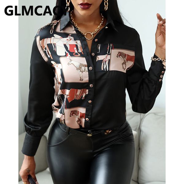 

women plus size retro scarf print button design long sleeve shirt, White
