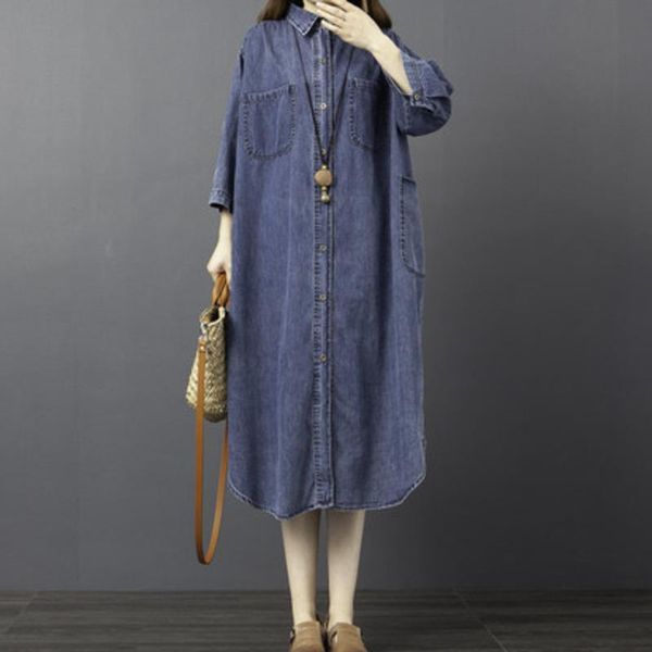 

casual dresses #2468 spring autumn button front shirt dress women lapel collar asymmetrical loose vintage midi denim female, Black;gray