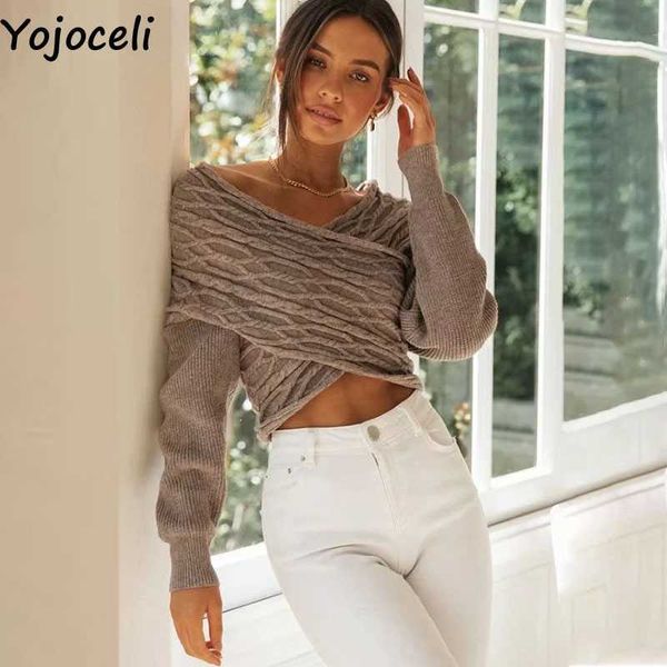

yojoceli elegant jersey cross knitted sweater autumn knitting jumper winter casual pullover women 210609, White;black