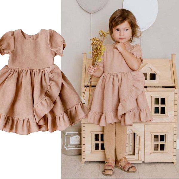 

girl's dresses baby girl summer casual infant cotton solid color princess dress linen grils clothes short sleeve children ruffles vest, Red;yellow