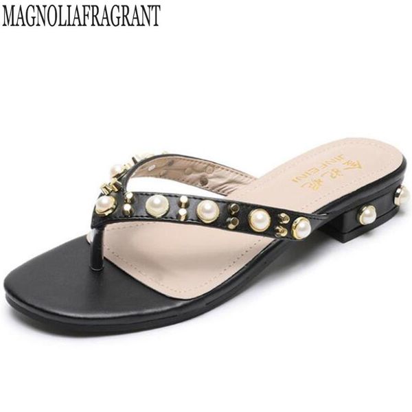 

slippers 2021 summer style shoes women sandals fashion rhinestone flats bohemian pearl flip flops hy166, Black
