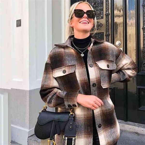 Foridol Vintage Plaid Herbst Winter Jacken Mäntel Damen Kariert Knopf Übergroßer Mantel Streetwear Brauner Seitenschlitz Mantel 210415