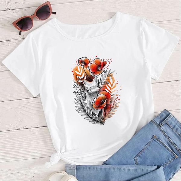 

animation funny casual simplicity loose women t shirts short sleeve fox and flowers graphic printed harajuku shirt hipster, White