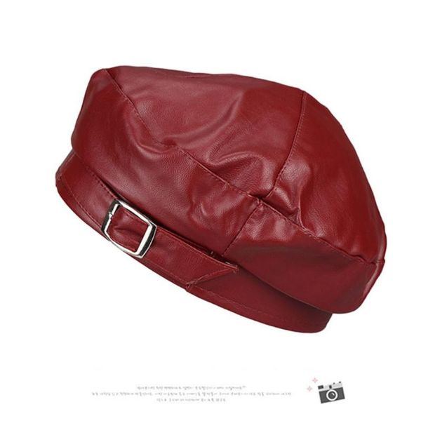 

outdoor hats women cap bonnet fashion leather solid beret hat female ladies beanie girls pu retro cowboy, Black;white