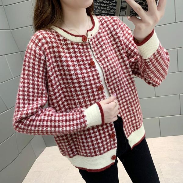 

women's knits & tees preppy style plaid knitted cardigan coats vintage o-neck knitwear autumn sweet womens single-breasted loose sweate, White
