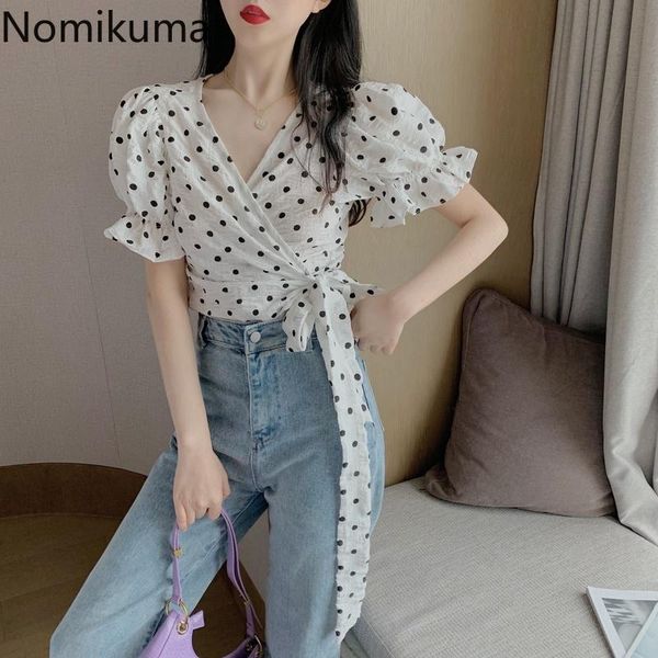 

women's blouses & shirts nomikuma elegant v neck puff sleeve dot bandage lace up fashion crop women korean blouse blusas mujer 3c199, White
