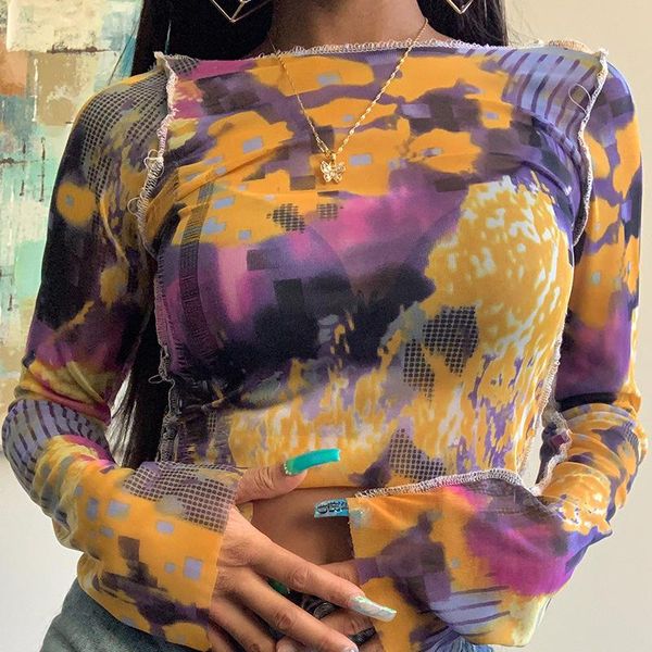 

women's t-shirt tie-dye print t shirt women see through mesh long sleeve crop slim tshirts tees y2k tshirt femme 2021 summer, White
