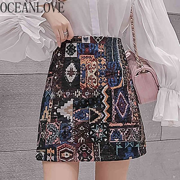 

vintage mujer faldas printed a-line korean spring autumn embroidered mini skirts slim woman skirt high waist 19517 210415, Black