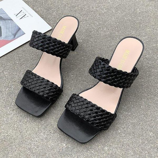 

women square toe slides summer pu leather high heel slippers ladies rome woven zapatos de mujer womens shoes 35-42, Black