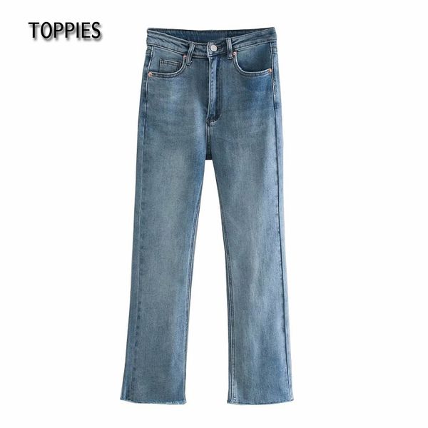 

ies women skinny flare jeans mid waist ankle length denim pants spring female trousers 210412, Blue