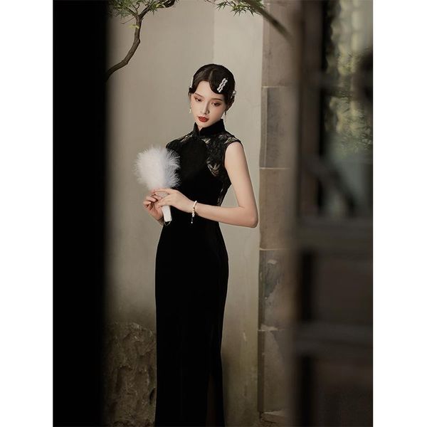 

ethnic clothing romantic gothic lace velvet aesthetic dresses vintage women black bodycon dress evening wear cheongsam, Red