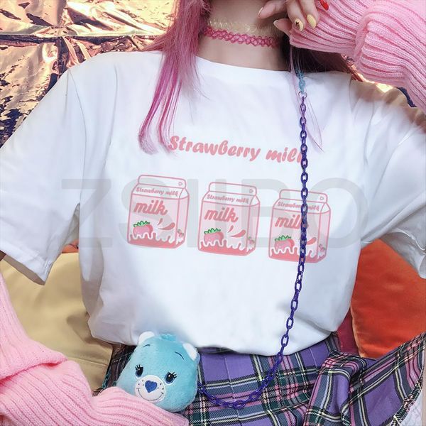 

harajuku strawberry milk japan womens letter print cute sweet ulzzang summer funny loose casual short sleeve, White
