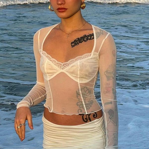 

women's t-shirt 2021 mesh crop fashion y2k lace trim 90s aesthetics patchwork square neck long sleeve white retro tees summer