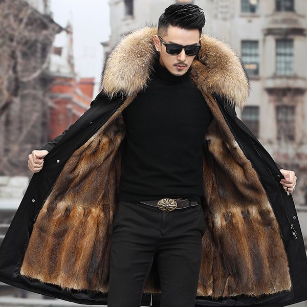 

2021 winter long jacket for man male mink fur liner jackets real furs coat snow clothes outdoor thickening warm outerwear overcoat big size, Black