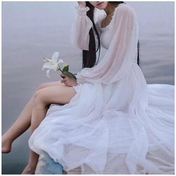 

women dresses white beach dress fashion lantern sleeve fairy chiffon princess high loose casual a line long holiday vestidos, Black;gray