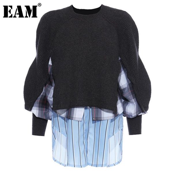 

[eam] spliced plaid knitting sweater loose round neck long sleeve women pullovers fashion tide autumn winter 2021 1dd2362 women's sweat, White;black