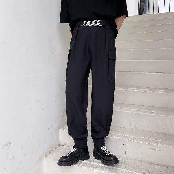 

pants fashionable the guochao dark rock casual fried street summer men's zipper metal chain decorative leggings, Black