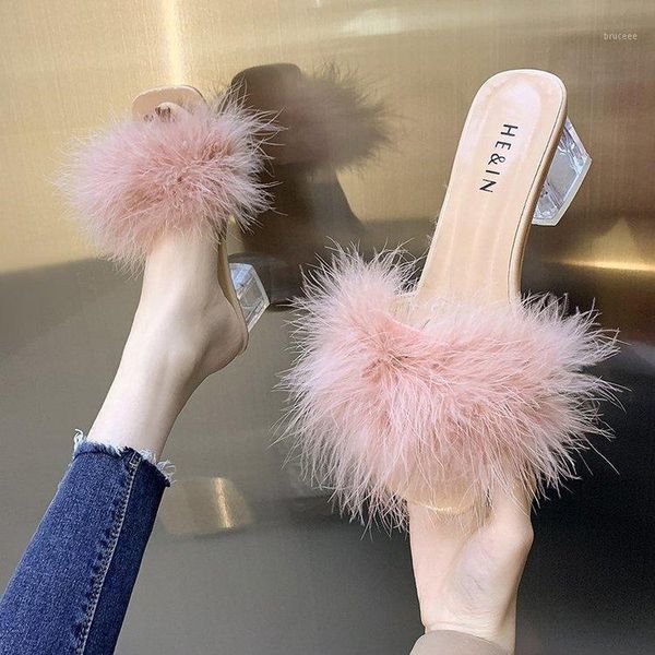 

slippers high-heeled shoes lady med plush for adults slipers women square heel luxury slides fur 2021 summer block designer1, Black