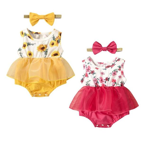 

rompers summer cute baby bodysuits girl casual sleeveless romper fresh flower mesh yarn stitching jumpsuits headband, Blue