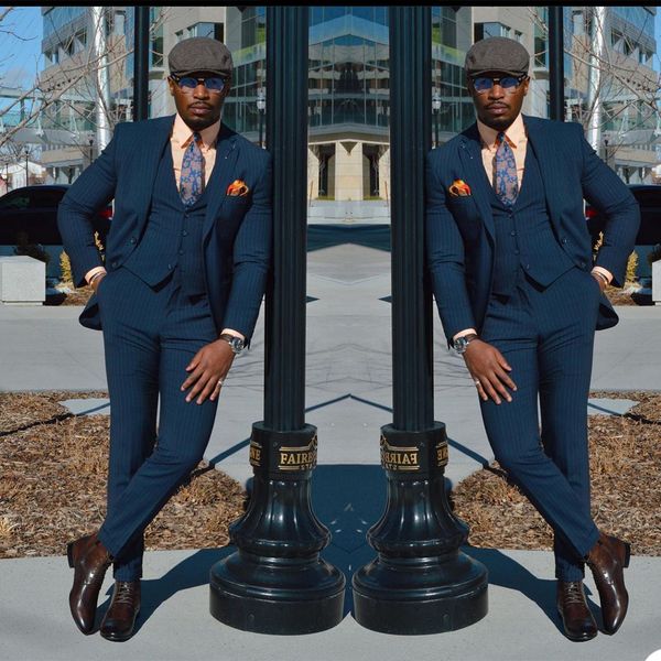 

3 piece handsome striped customized wedding tuxedos slim fit two button jacket pants suits business party prom blazer, Black;gray