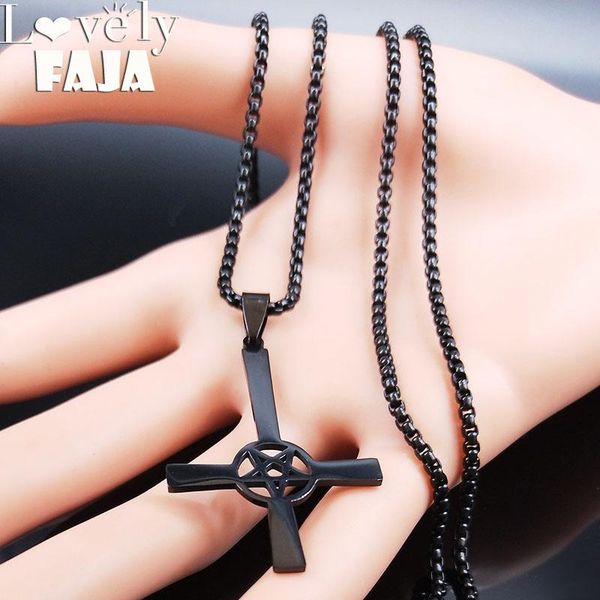 

pendant necklaces inverted cross occult pentagram stainless steel chain necklace for women men black color satanic gothic satan jewelry, Silver
