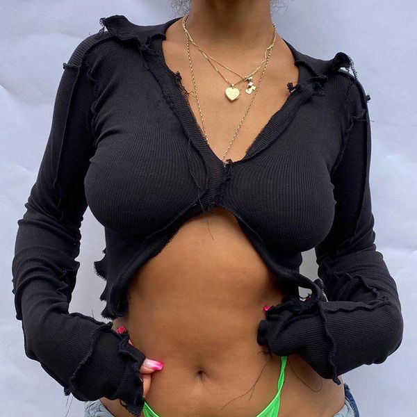 

women's t-shirt women close-fitting rib knit crop long sleeve lapel deeo v neck solid color stitch slim fit t-shirts, White