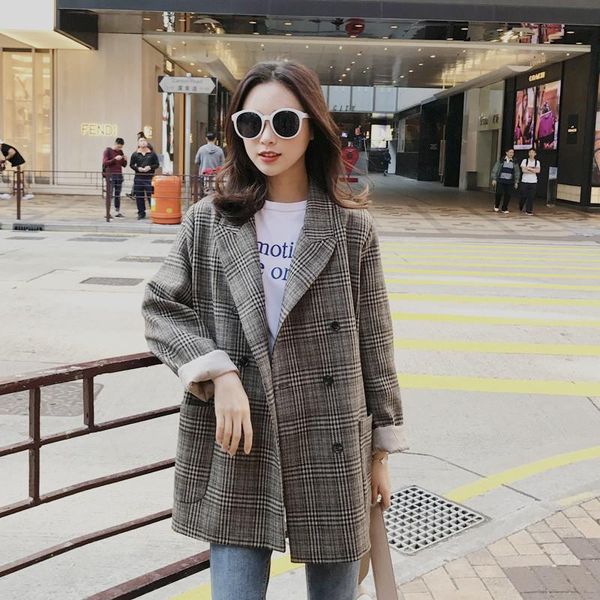 

retro british style plaid small suit jacket women 2021 spring autumn korean double-breasted casual loose fresh sweet little women's sui, White;black
