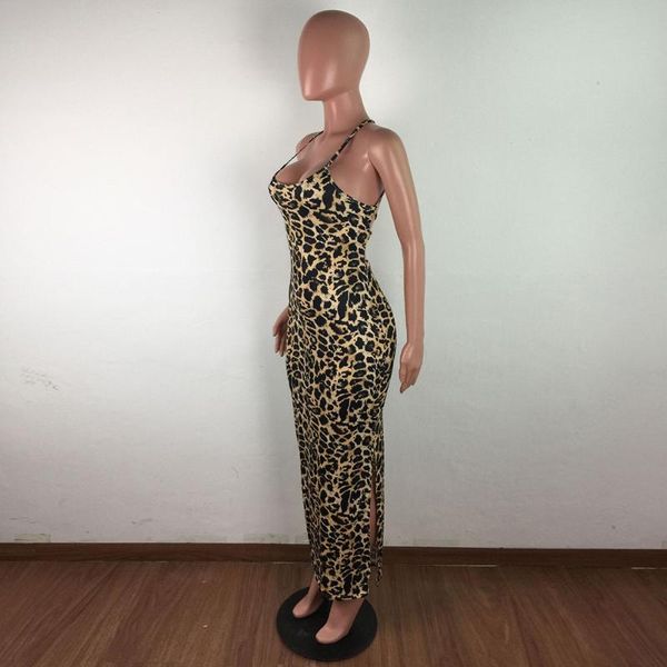 

casual dresses women bodycon dress fashion leopard print party cocktail spaghetti strap club halter neck sleeveless split, Black;gray