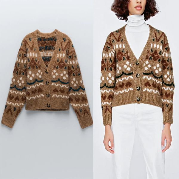 

knits knit jacquard cardigan sweater women vintage long sleeve single breasted knitted coat female fashion cardigans, White
