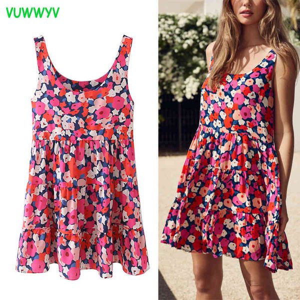 Vuwwwyv Dress Summer Dress Red Floral Print Mini ES Donne Cinturino Backless Beach Donna Casual Pleated Sundresses 210430