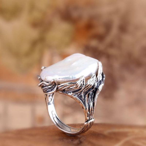 

cluster rings vintage solid 925 sterling silver big pearl thai ring for women retro ethnic fine jewelry, Golden;silver