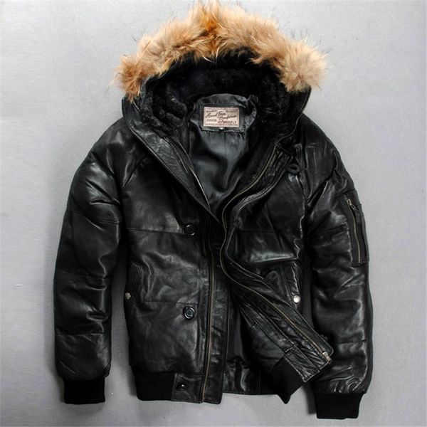 

men's leather & faux genuine sheep down jacket warm skin winter, Black