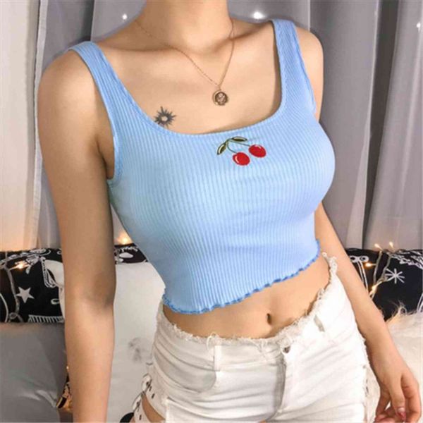 

summer casual blue women tank embroidery crop vest sleeveless femme, White