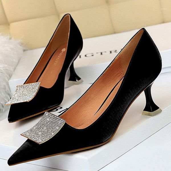 

dress shoes bigtree elegant kitten heels woman pumps metal rhinestones high women office designer1, Black