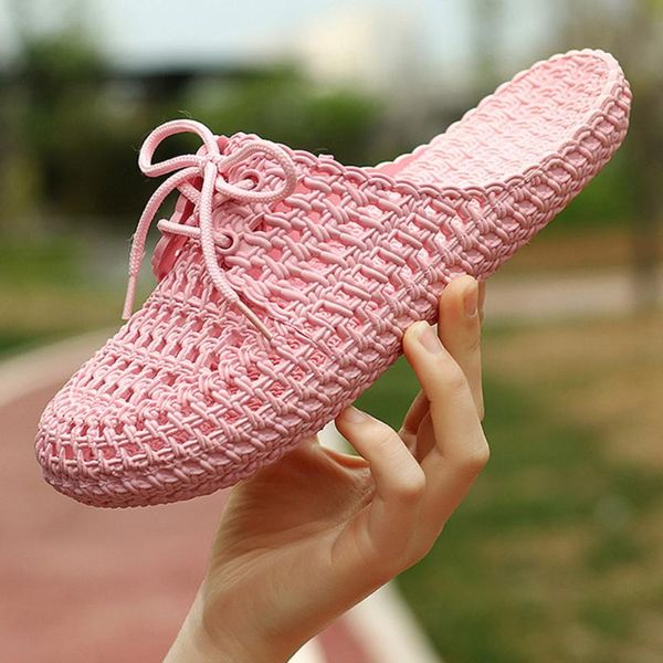 

sandals ly comfortable breathable casual slippers closed toe hollow out women flat, Black