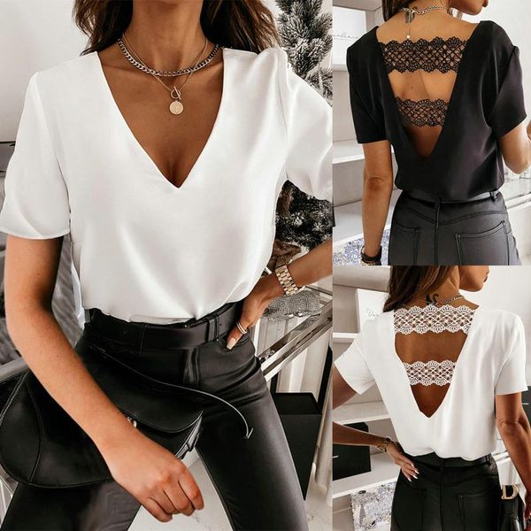 

fashion femme t-shirts solid short sleeve casual lace hollow out clothing slim backless summer streewear women's t-shirt, White