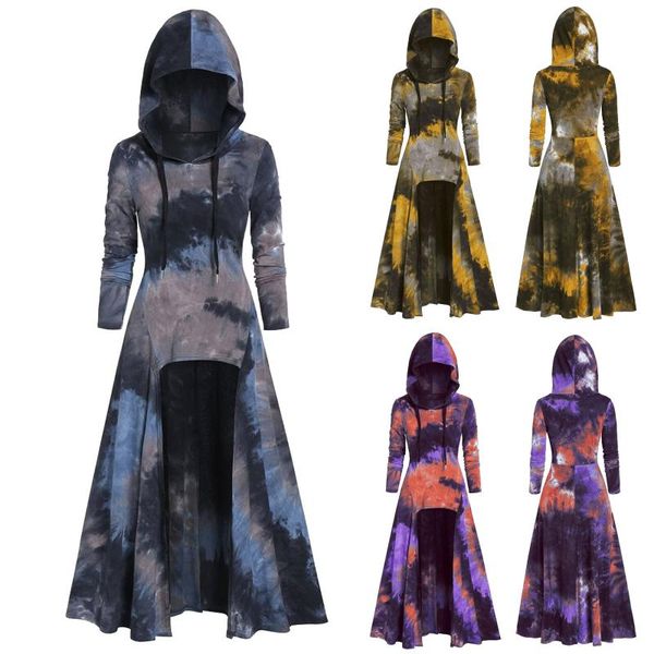 

casual dresses tie-dye irregular hem womens fashion hooded long sleeve vintage cloak high low dress robe longue femme maxi, Black;gray